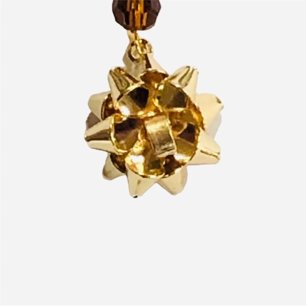 HANDMADE Unbranded GOLD Metallic GIFT Bow And Brown Glass Crystal Bead Earrings